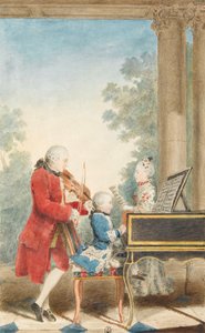 父親ジャンと一緒にパリで演奏するヴォルフガングアマデウスモーツァルト（ザルツブルク、1756-ウィーン、1791年）の肖像画...